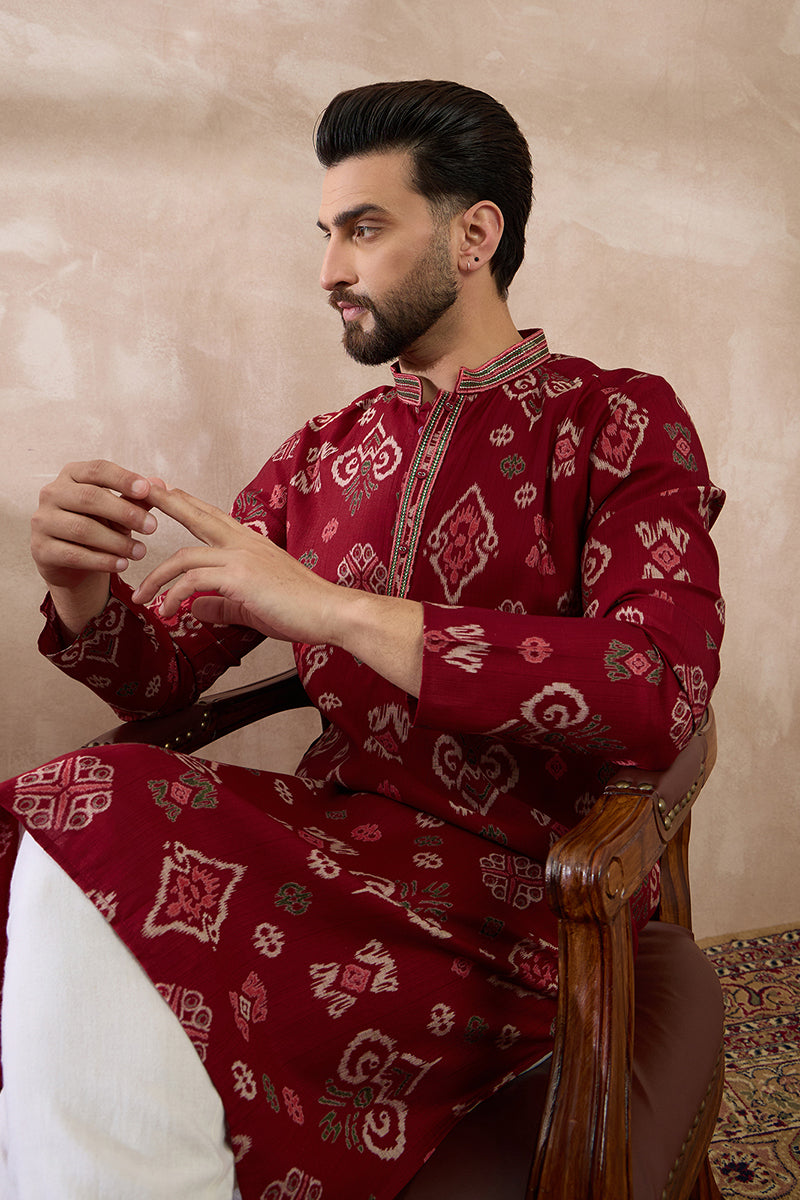 Red Silk Blend Printed Mandarin Collar Straight Kurta With Trouser MKSET1988