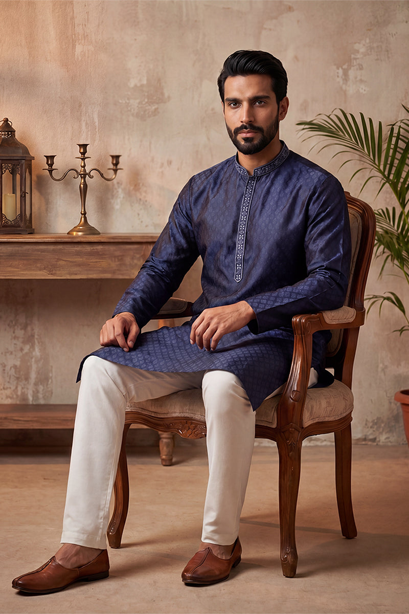 Blue Jacquard Woven Design Straight Kurta With Trouser MKSET2227