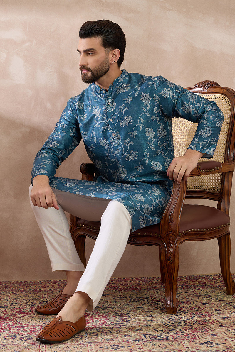 Blue Silk Blend Printed Mandarin Collar Straight Kurta MKU1998