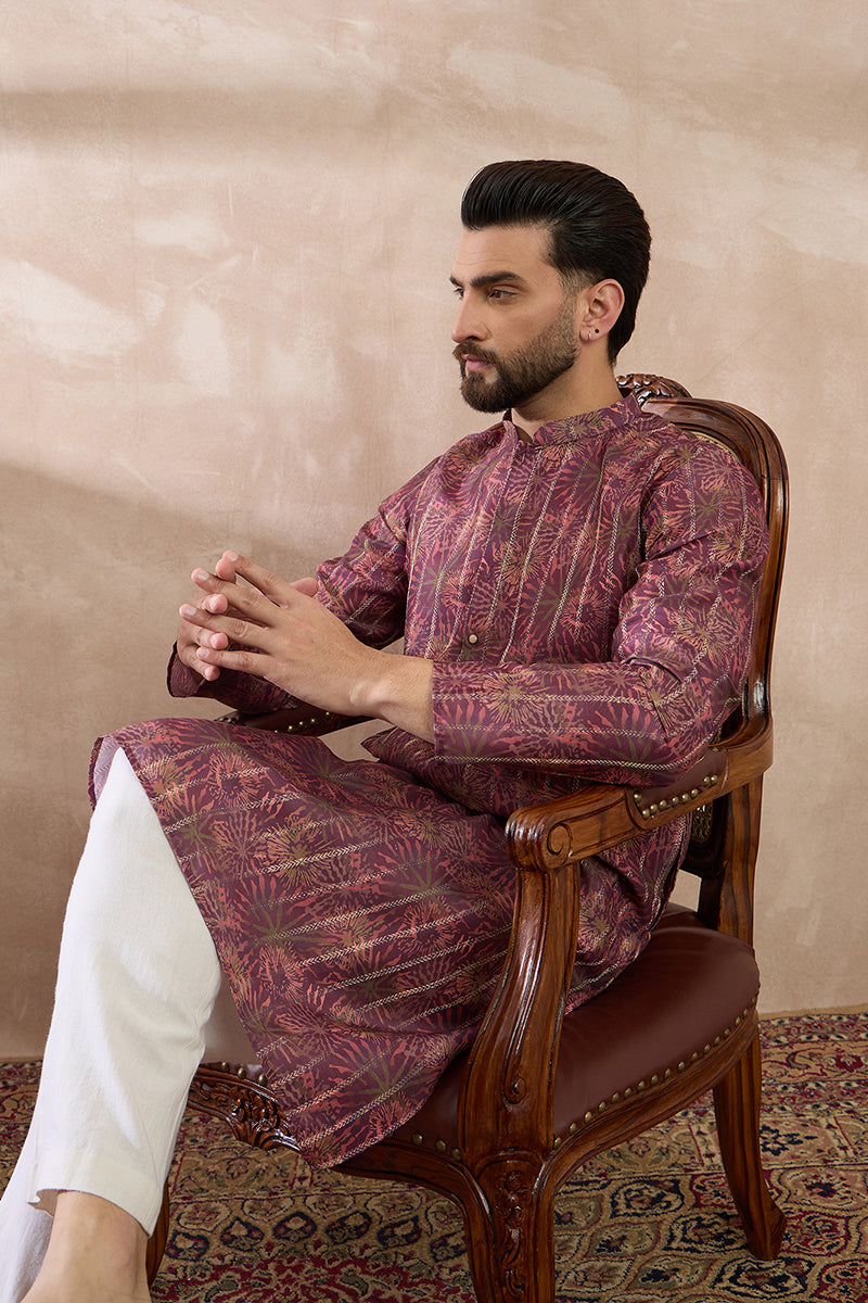Purple Silk Blend Printed Mandarin Collar Straight Kurta With Trouser MKSET2023