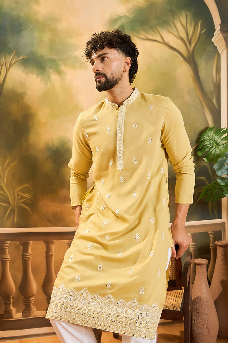 Yellow Silk Solid Embroidered Straight Kurta MKU1434