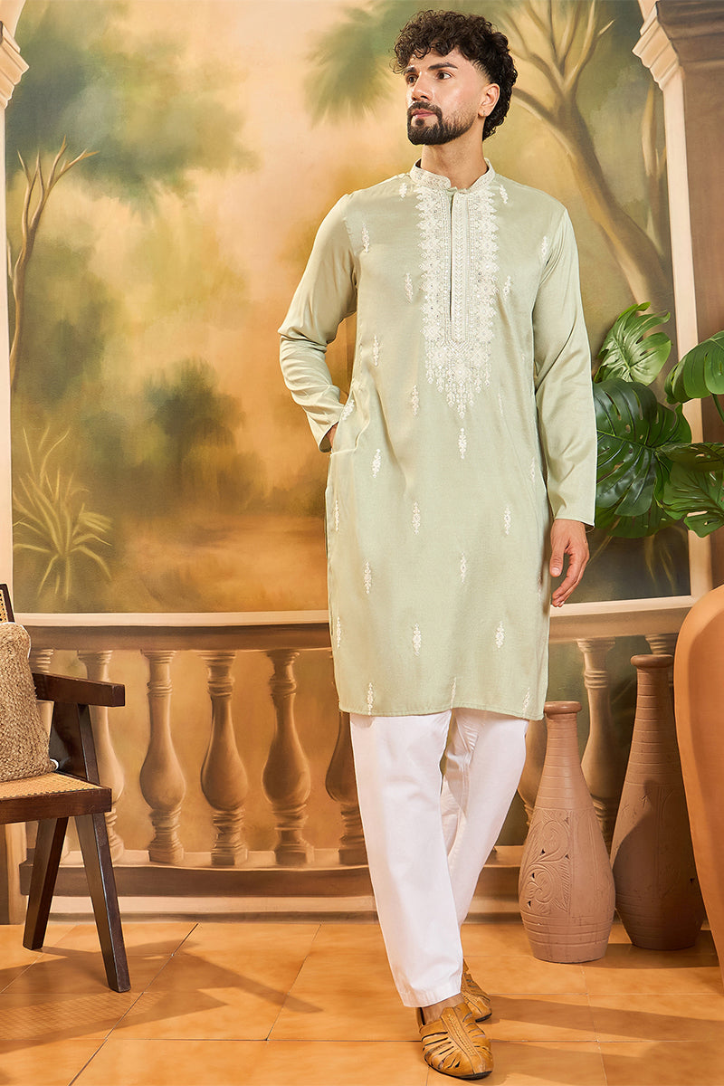 Green Silk Blend Solid Embroidered Straight Kurta MKU1492
