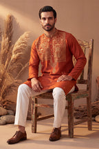 Orange Silk Blend Solid Emboidered Straight Kurta With Trouser MKSET2372