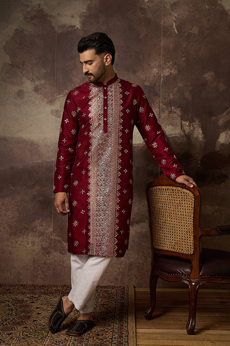 Maroon Silk Blend Embroidered Indian Wear for Men MKU1369 | DesiQlo