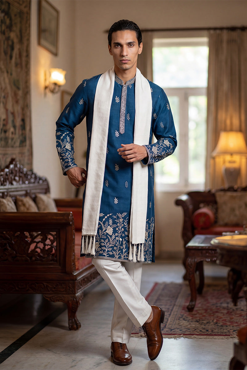 Blue Chanderi Silk Solid Embroidered Straight Kurta Trouser with Dupatta MKPD1315