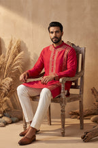 Pink Silk Blend Solid Emboidered Straight Kurta With Trouser MKSET2315