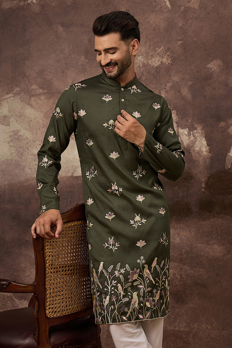Green Silk Blend Solid Embroidered Straight Kurta MKU1338