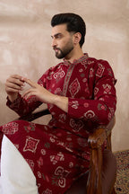 Red Silk Blend Printed Mandarin Collar Straight Kurta MKU1988