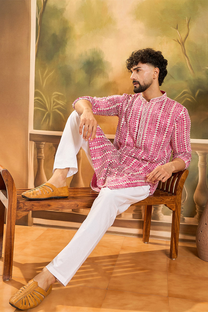 Red Viscose Rayon Shibori Embroidered Straight Kurta MKU1413