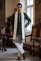 Olive Chanderi Silk Solid Embroidered Straight Kurta Trouser with Dupatta MKPD1319