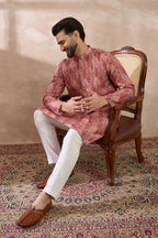 Pink Silk Blend Printed Mandarin Collar Straight Kurta With Trouser MKSET2054