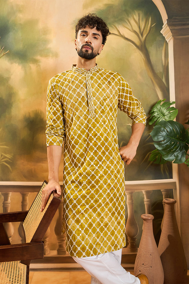 Yellow Silk Blend Embroidered Shibori Straight Kurta With Trousers MKSET1415