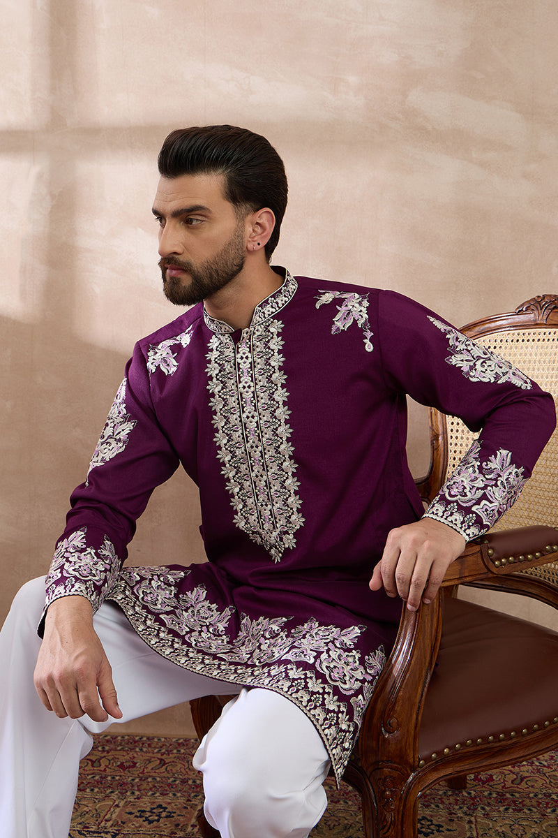 Purple Silk Blend Embroidered Mandarin Collar Straight Kurta MKU2018