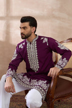 Purple Silk Blend Embroidered Mandarin Collar Straight Kurta MKU2018