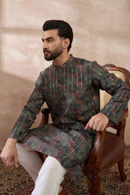 Black Silk Blend Printed Mandarin Collar Straight Kurta With Trouser MKSET2097