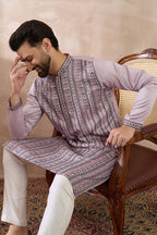 Lavender Silk Blend Embroidered Mandarin Collar Straight Kurta With Trouser MKSET2041