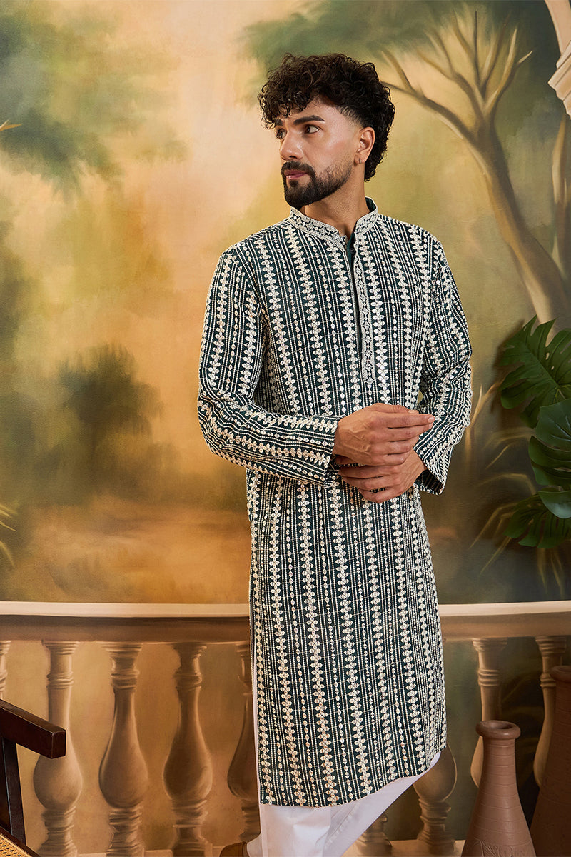 Teal Viscose Rayon Embroidered Kurta With Trousers MKSET1411