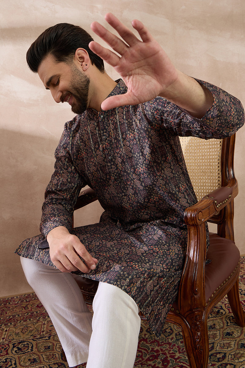 Black Silk Blend Printed Mandarin Collar Straight Kurta With Trouser MKSET2116