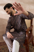 Black Silk Blend Printed Mandarin Collar Straight Kurta With Trouser MKSET2116