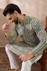 Green Silk Blend Printed Mandarin Collar Straight Kurta MKU1661