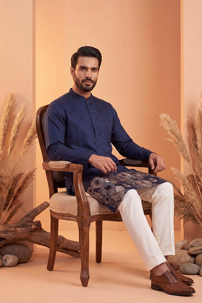 Blue Silk Blend Solid Embroidered Kurta With Trousers MKSET2065