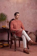 Red Silk Blend Floral Printed Kurta With Trousers MKSET1979