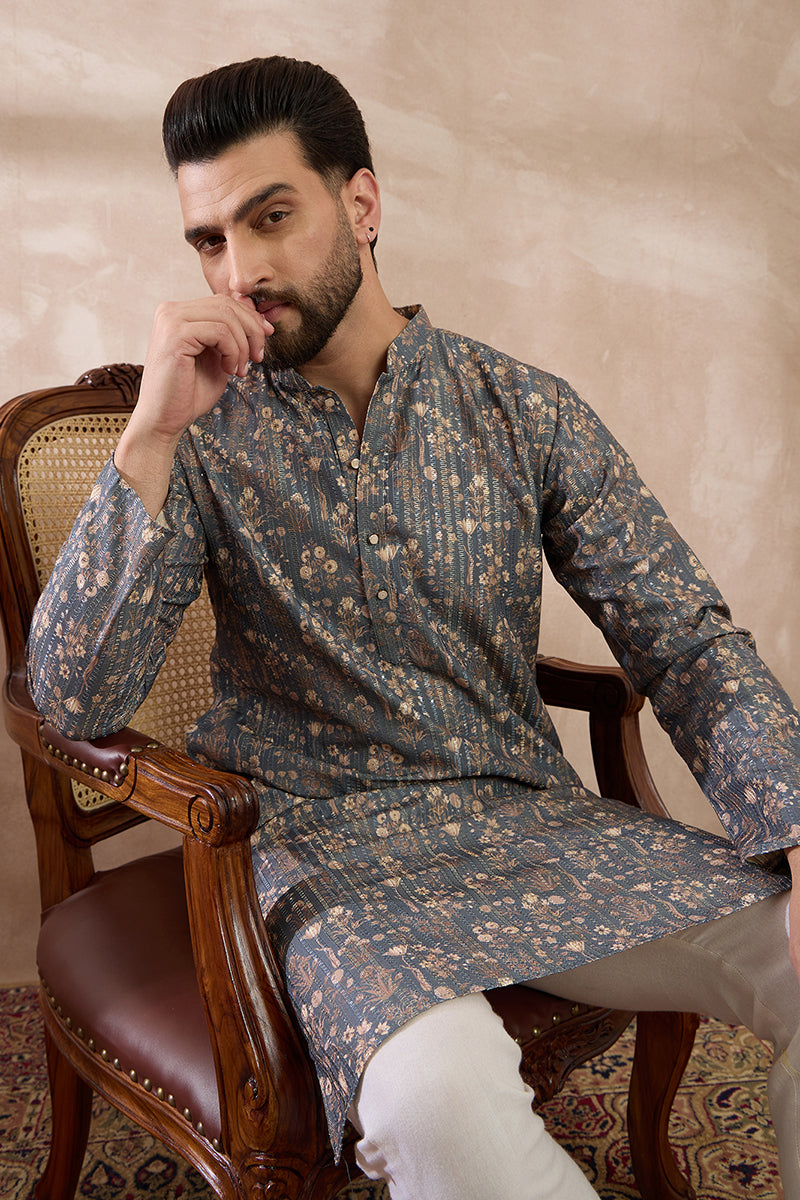Grey Silk Blend Printed Indian Wear for Men | DesiQlo India