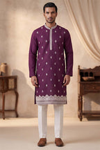 Silk Blend Purple Solid Embroidered Calf Length Straight Kurta With Trousers MKSET2272