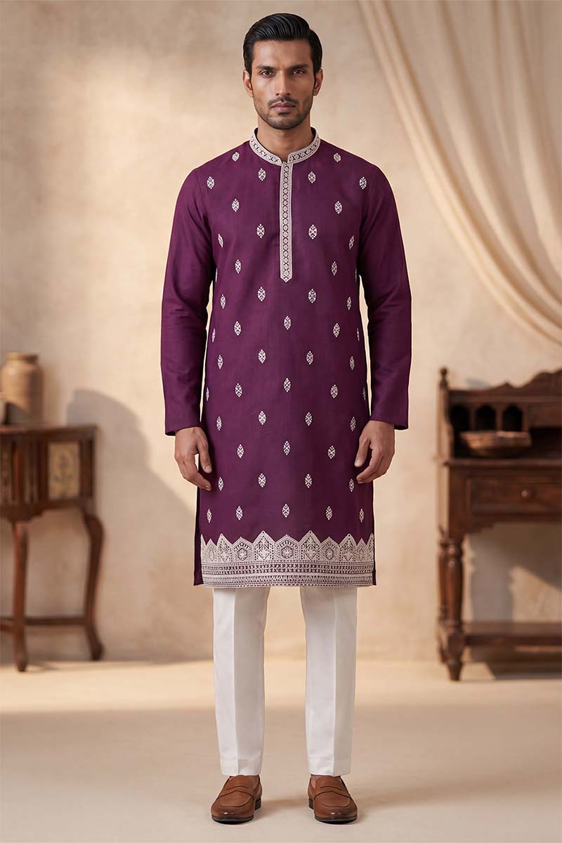 Silk Blend Purple Solid Embroidered Calf Length Straight Kurta With Trousers MKSET2272