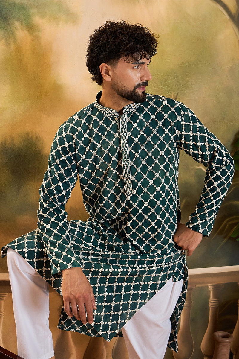 Teal Silk Blend Embroidered Shibori Straight Kurta With Trousers MKSET1416