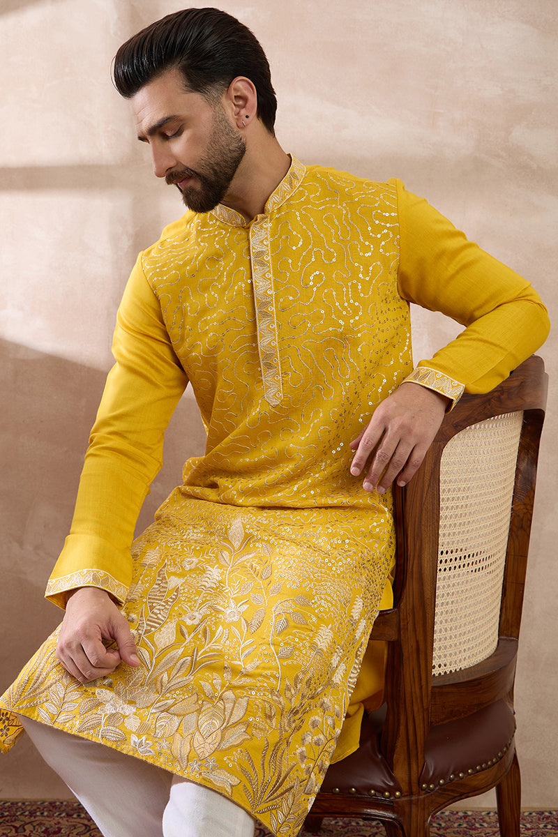 Yellow Silk Blend Embroidered Mandarin Collar Straight Kurta With Trouser MKSET2052