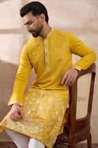 Yellow Silk Blend Embroidered Mandarin Collar Straight Kurta With Trouser MKSET2052