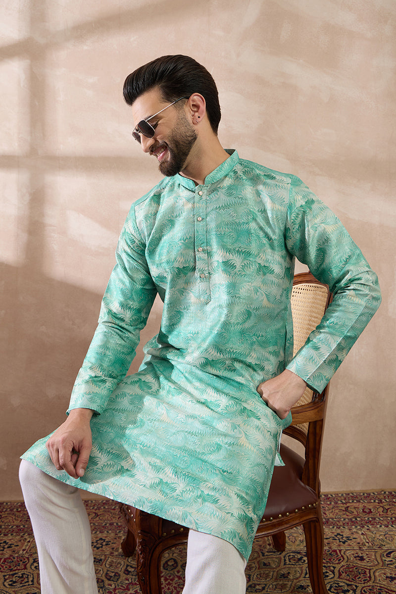 Green Silk Blend Printed Mandarin Collar Straight Kurta MKU2022