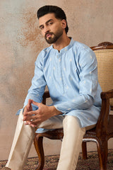 Blue Silk Blend Floral Straight Kurta With Dupatta MKSET2217