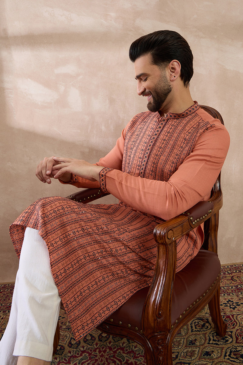 Orange Silk Blend Embroidered Indian Wear for Men MKSET2043 | DesiQlo