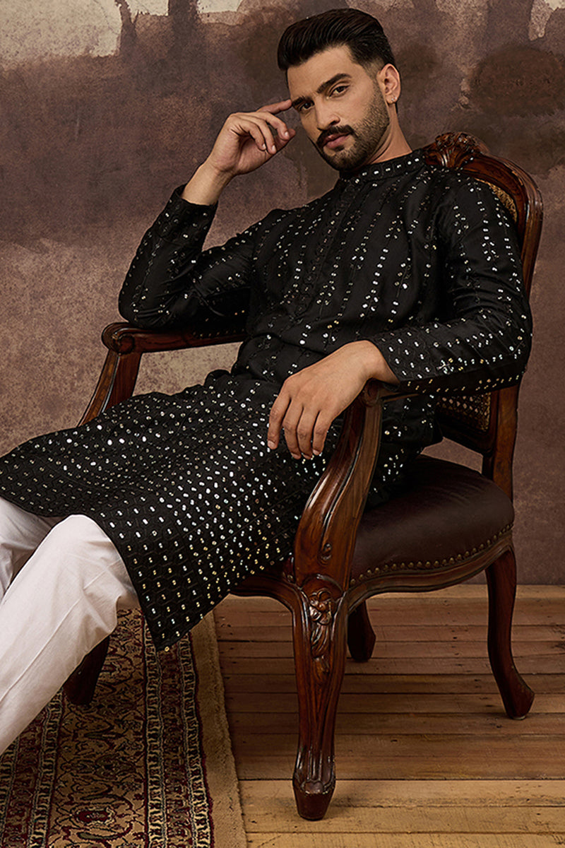 Black Silk Blend Solid Embroidered Straight Kurta MKU1360