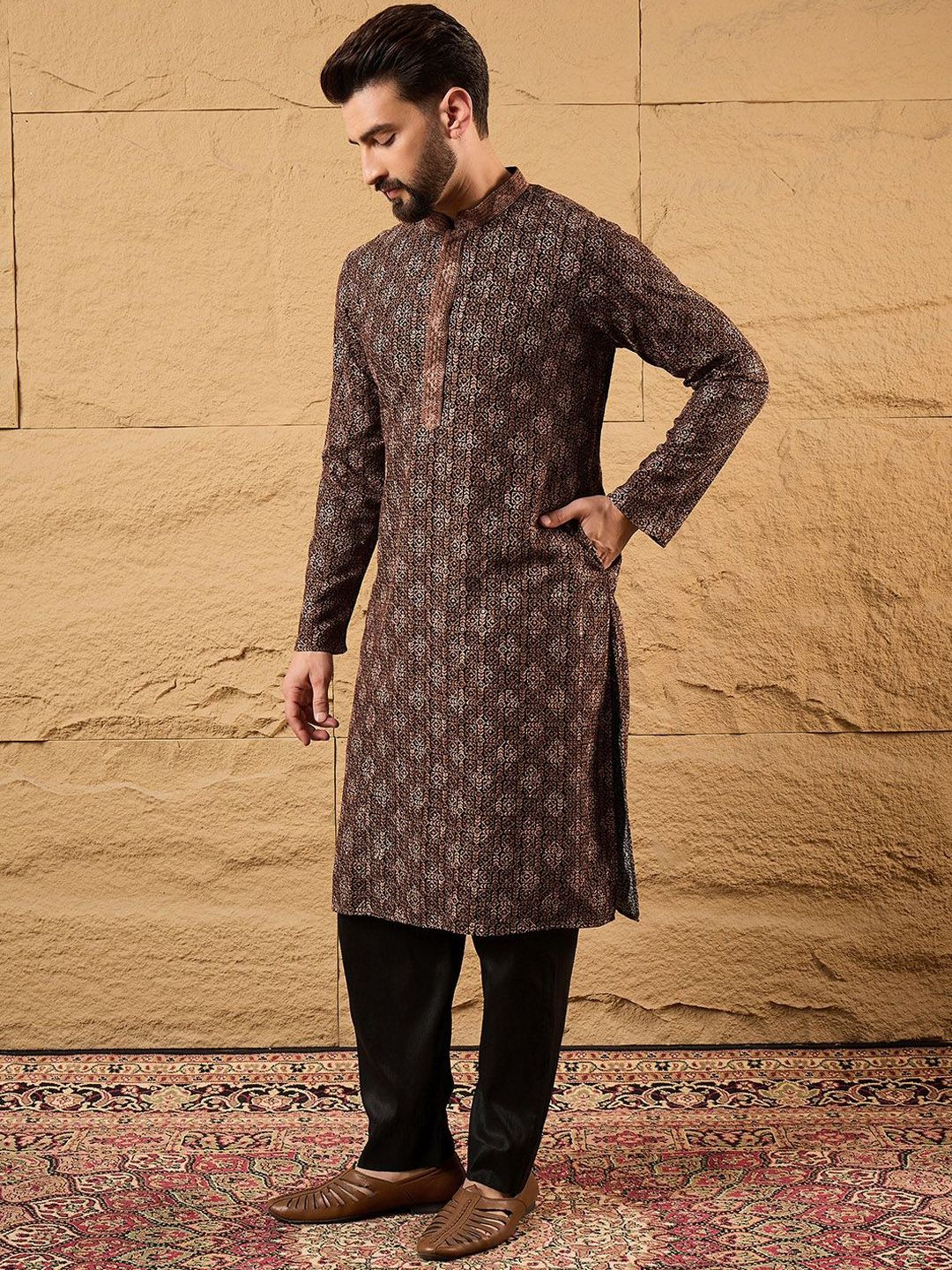 Mens Brown Viscose Rayon Ethnic Motifs Embroidered Chikankari Straight Kurta With Pant Set-MKSET1164
