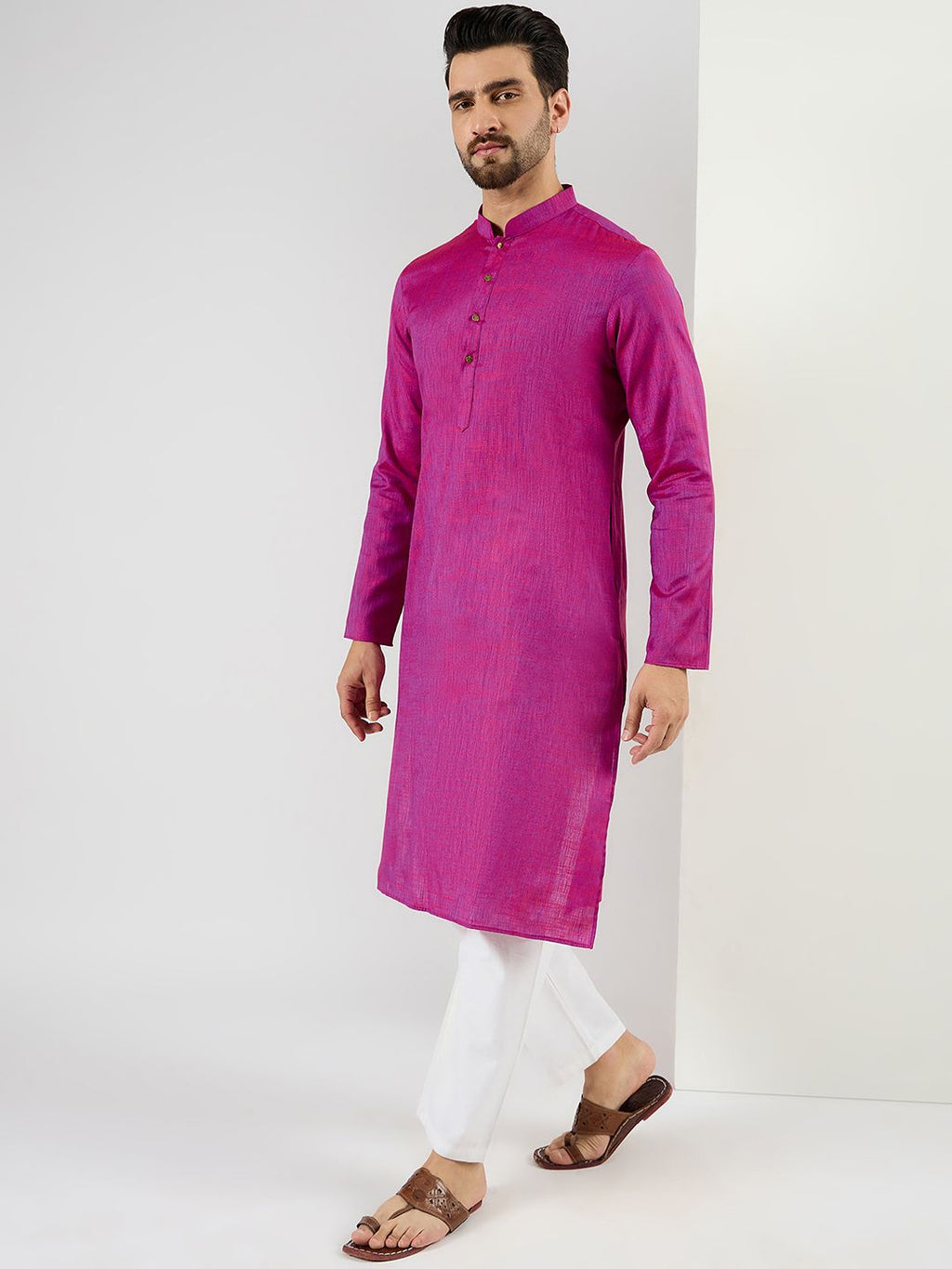 Men Pink Cotton Solid Woven Design Straight Kurta With Pant Set-MKSET1100