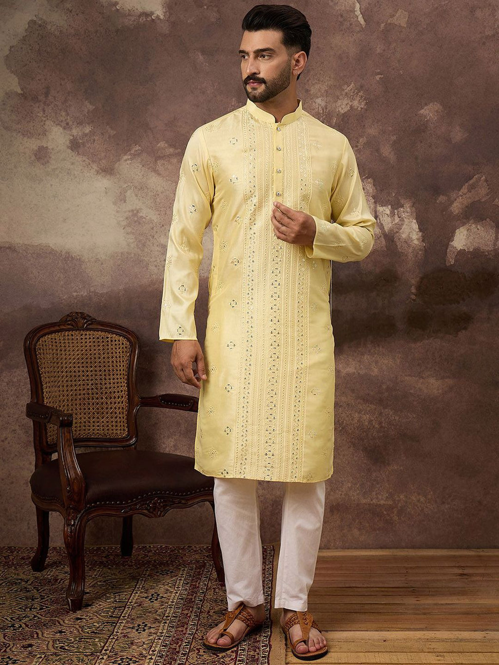 Men Yellow Silk Blend Solid Embroidered Straight Kurta With Pant Set-MKSET1364