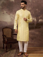 Men Yellow Silk Blend Solid Embroidered Straight Kurta With Pant Set-MKSET1364