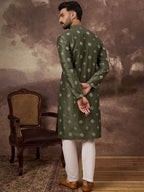 Men Green Silk Blend Solid Embroidered Straight Kurta With Pant Set-MKSET1419