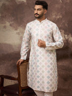 Men White Silk Blend Solid Embroidered Straight Kurta With Pant Set-MKSET1382