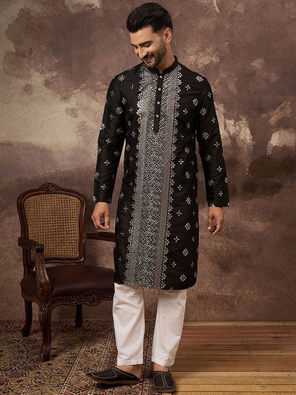 Men Black Silk Blend Solid Embroidered Straight Kurta With Pant Set-MKSET1370