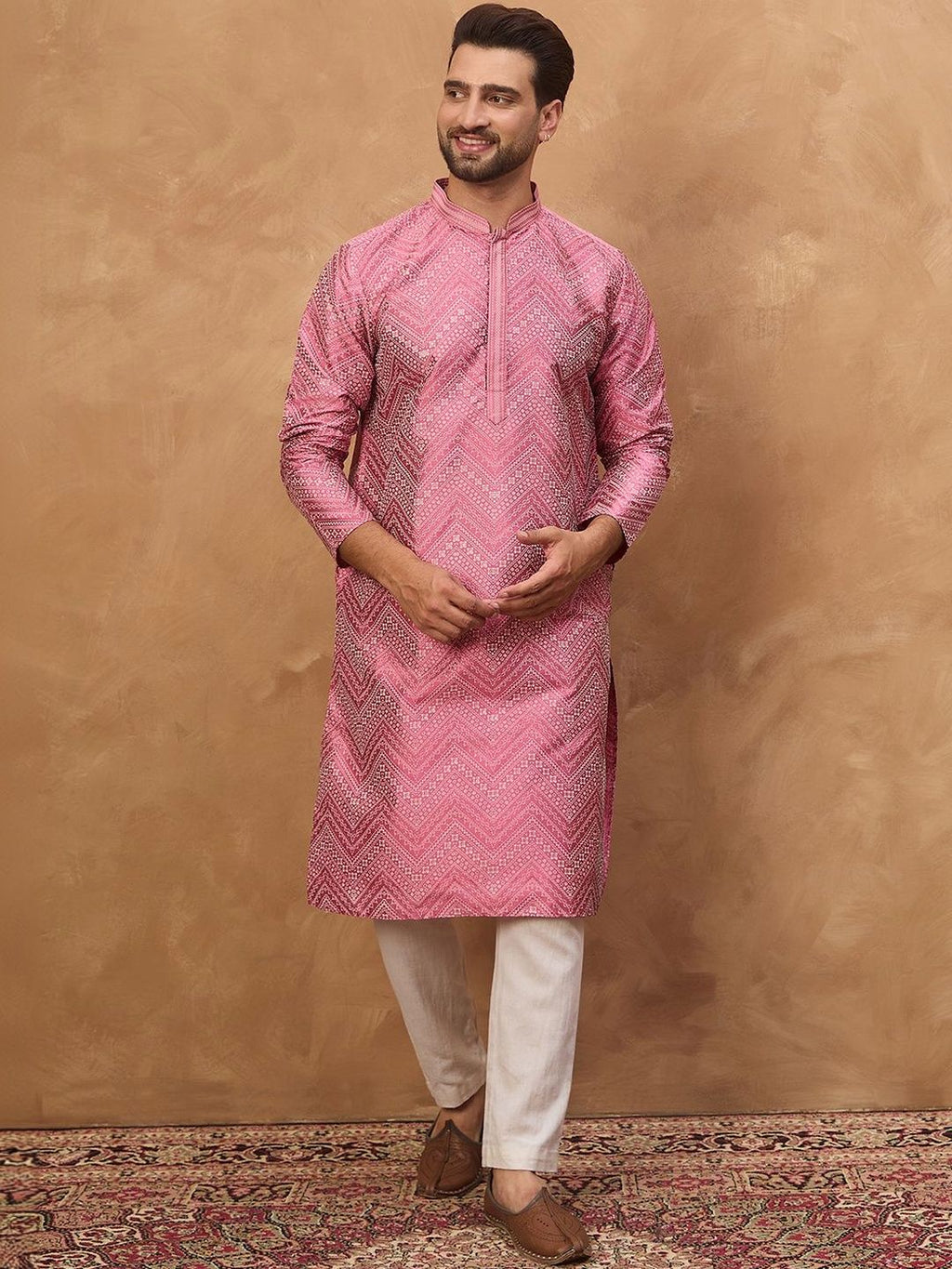Men Pink Silk Blend Geometric Printed Straight Kurta With Pant Set-MKSET1532