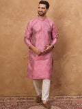 Men Pink Silk Blend Geometric Printed Straight Kurta With Pant Set-MKSET1532