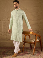 Men Green Viscose Rayon Solid Embroidered Straight Kurta With Pant Set-MKSET1238