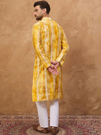 Men Yellow Silk Blend Shibori Embroidered Straight Kurta With Pant Set-MKSET1540