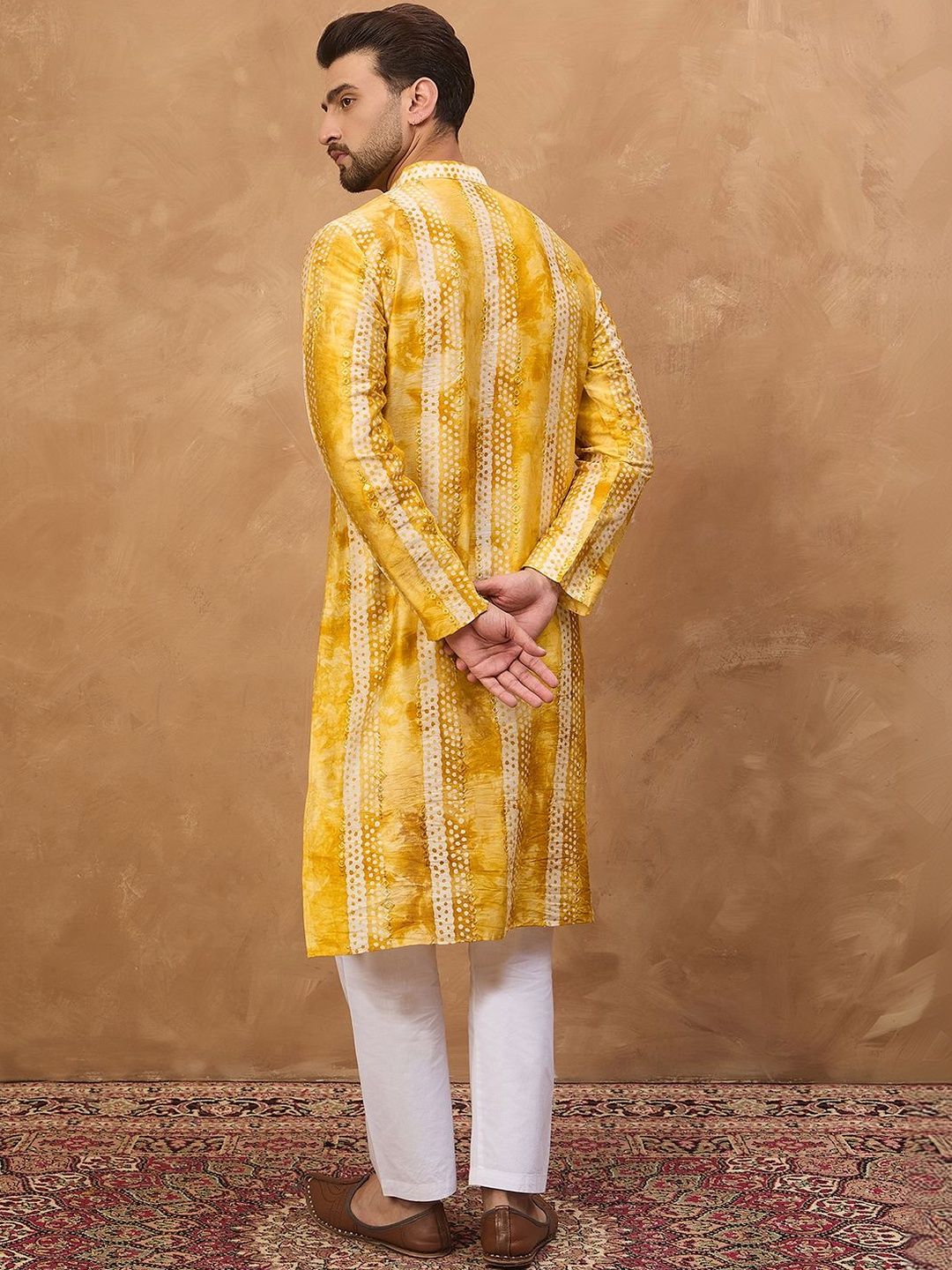 Men Yellow Silk Blend Shibori Embroidered Straight Kurta With Pant Set-MKSET1540