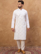 Men White Silk Blend Solid Embroidered Straight Kurta With Pant Set-MKSET1444