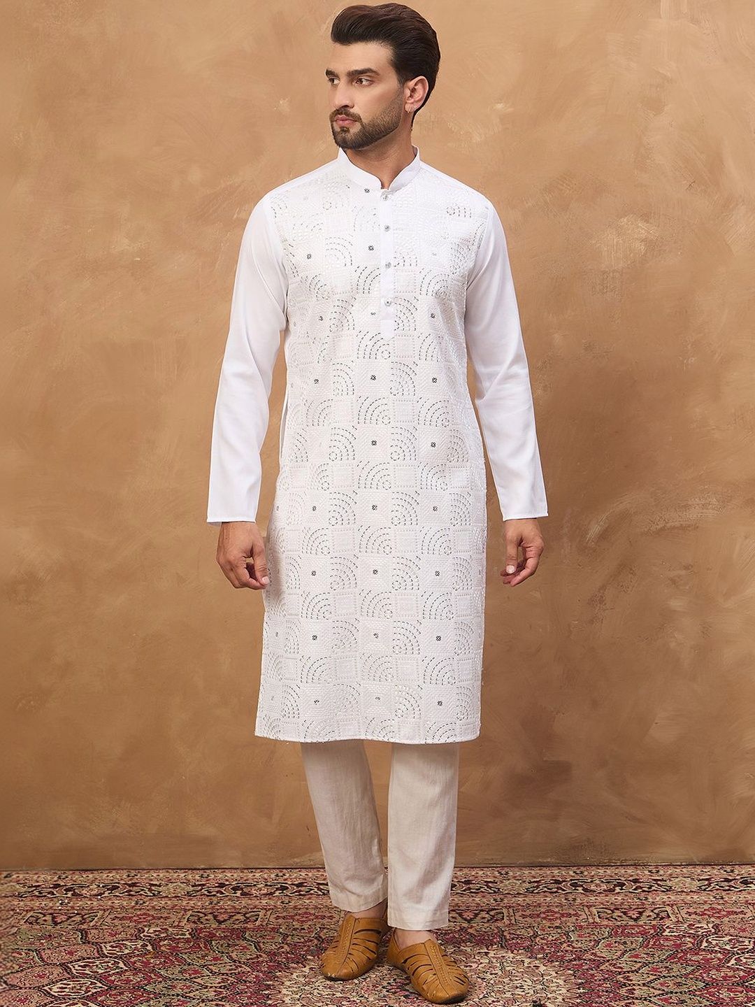 Men White Silk Blend Solid Embroidered Straight Kurta With Pant Set-MKSET1444